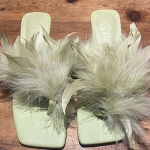 Mint Green Feathered Women's Slide Sandals (New)